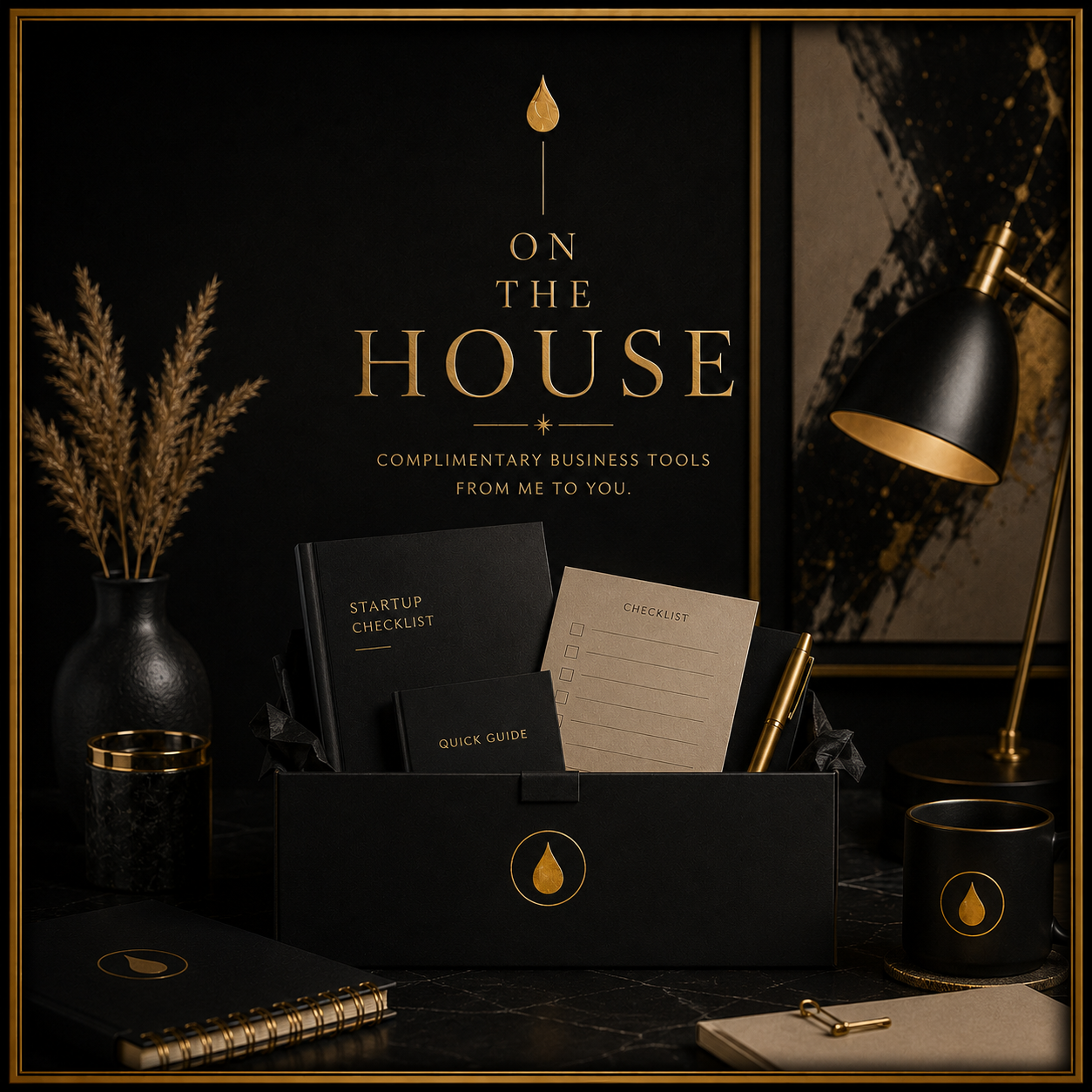 Black and gold flat lay image featuring an On The House box with complimentary business tools, a startup checklist, stationery, candle, coffee, and luxury desk accessories.